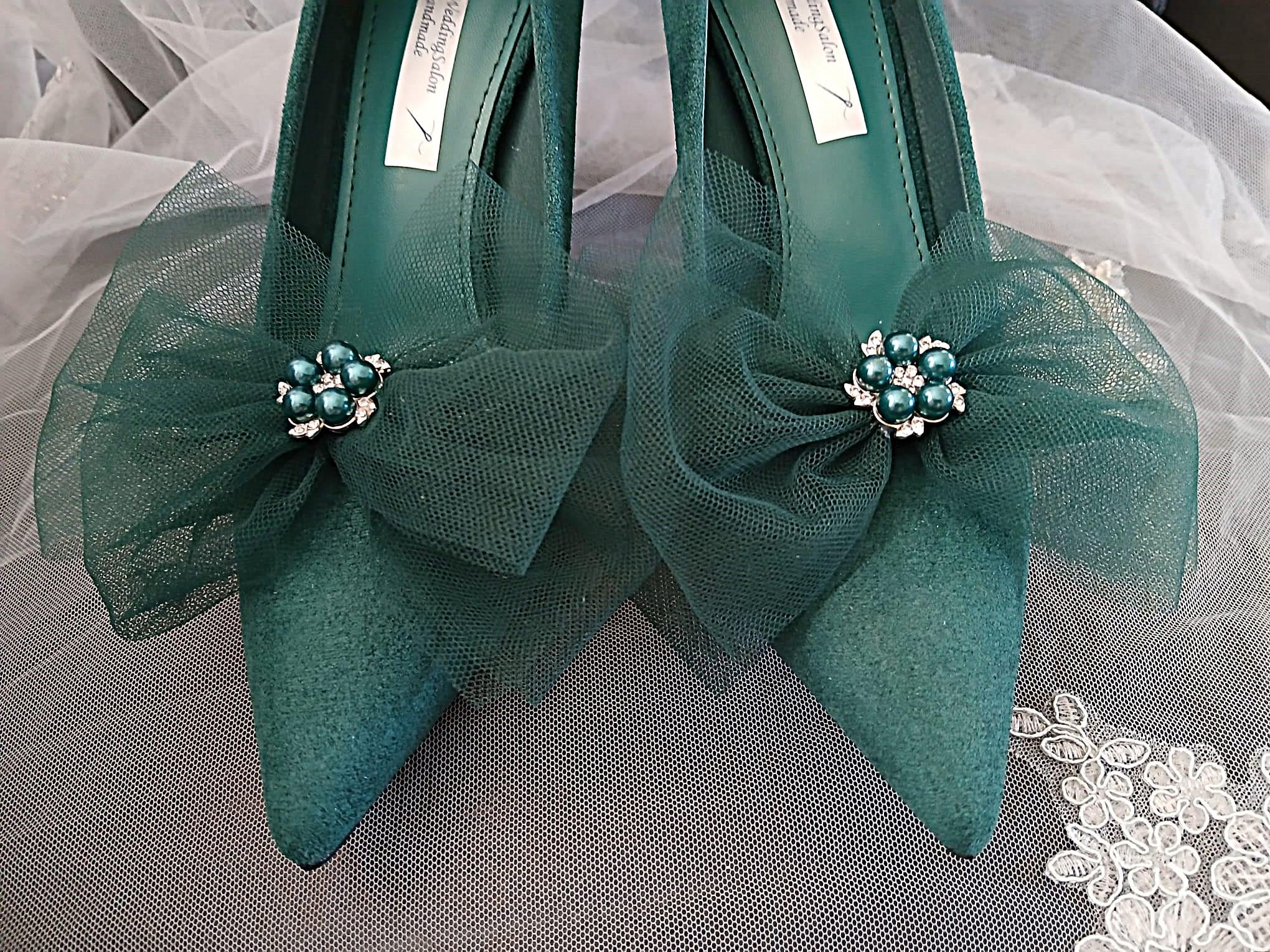 Emerald Green Suede Wedding Heels with Silver Clutch Bag