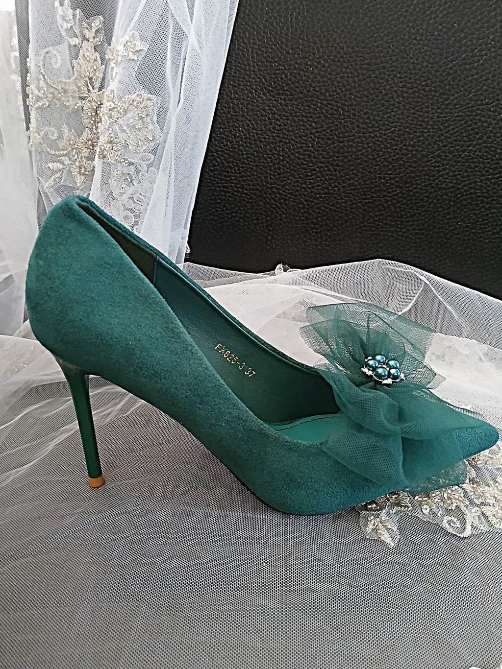 Emerald Green Suede Wedding Heels with Silver Clutch Bag