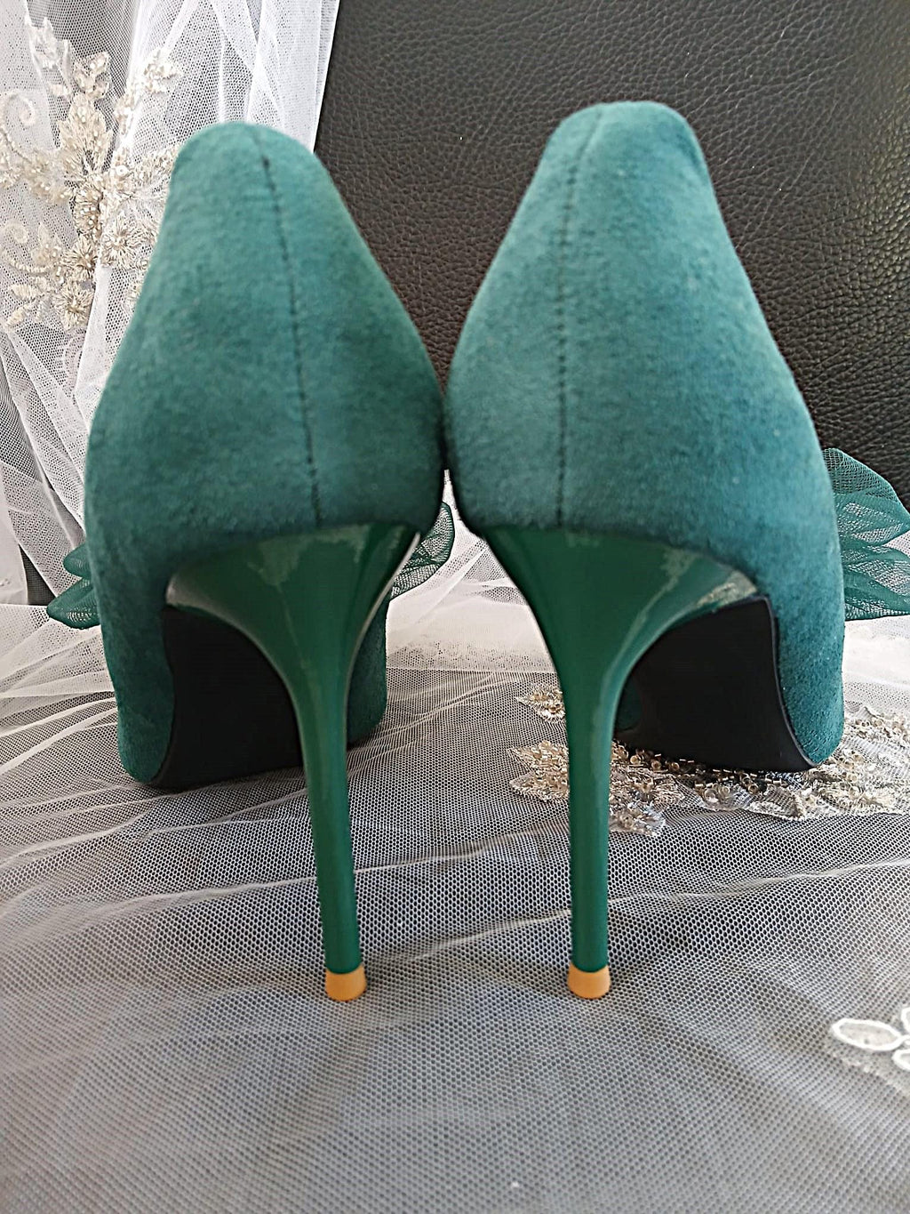 Emerald Green Suede Wedding Heels with Silver Clutch Bag