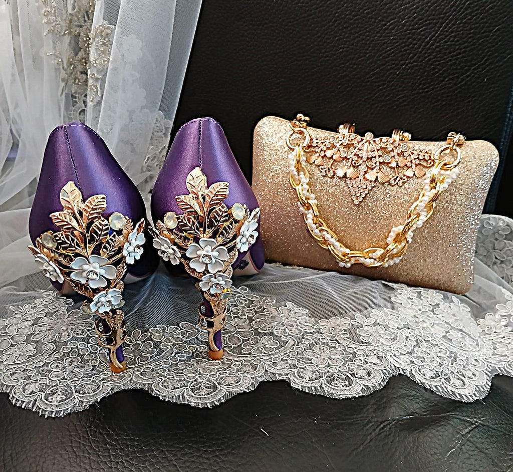 Lilac Satin Wedding Heel & Gold Clutch Bag Set: Cherry Blossom Evening Shoes