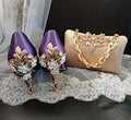 Lilac Satin Wedding Heel & Gold Clutch Bag Set: Cherry Blossom Evening Shoes