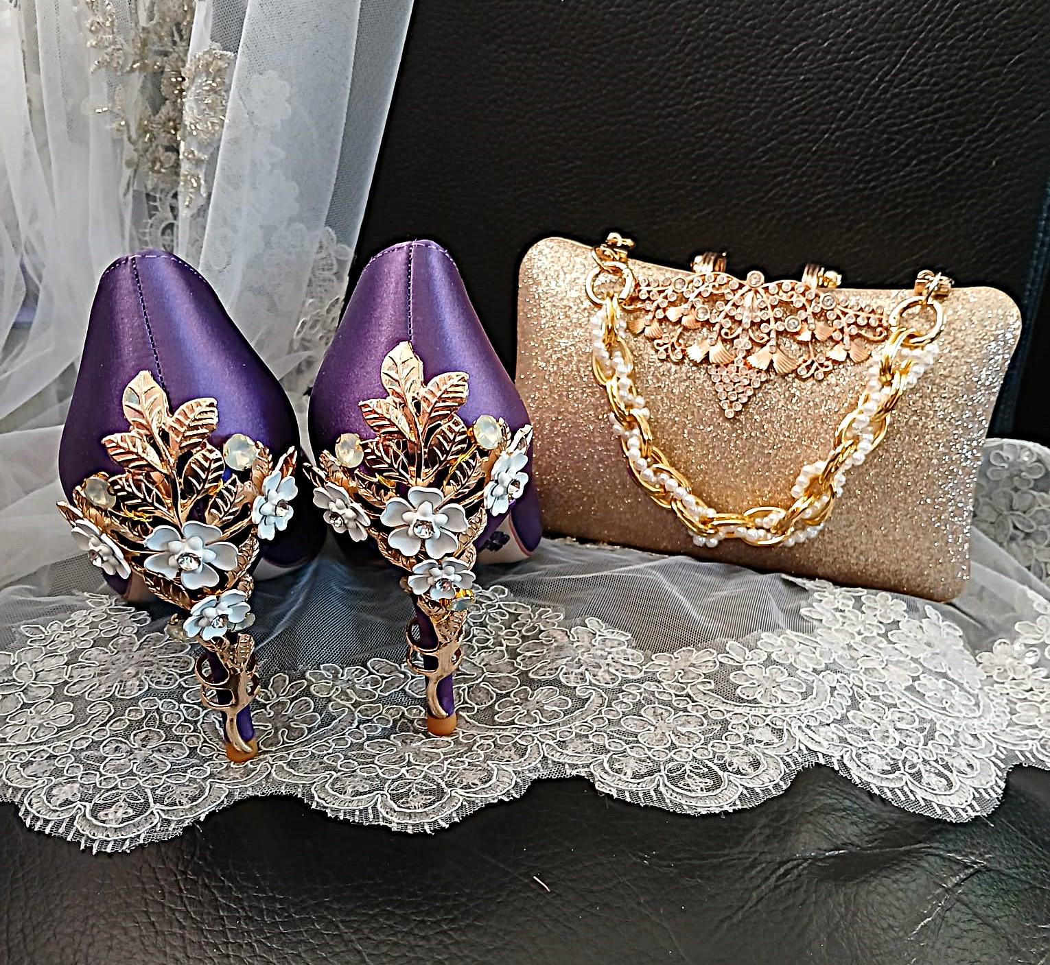 Lilac Satin Wedding Heel & Gold Clutch Bag Set: Cherry Blossom Evening Shoes