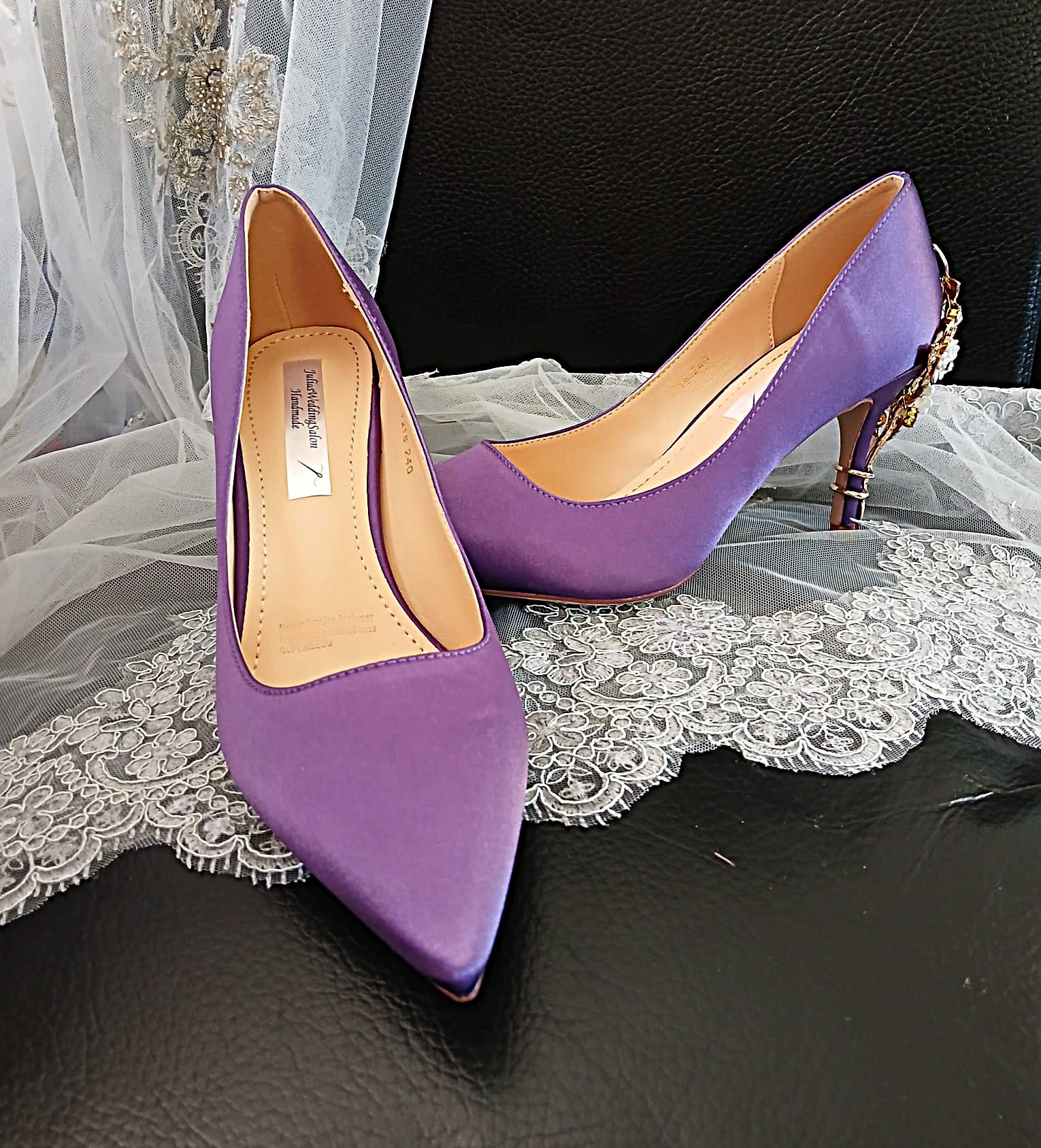 Lilac Satin Wedding Heel & Gold Clutch Bag Set: Cherry Blossom Evening Shoes