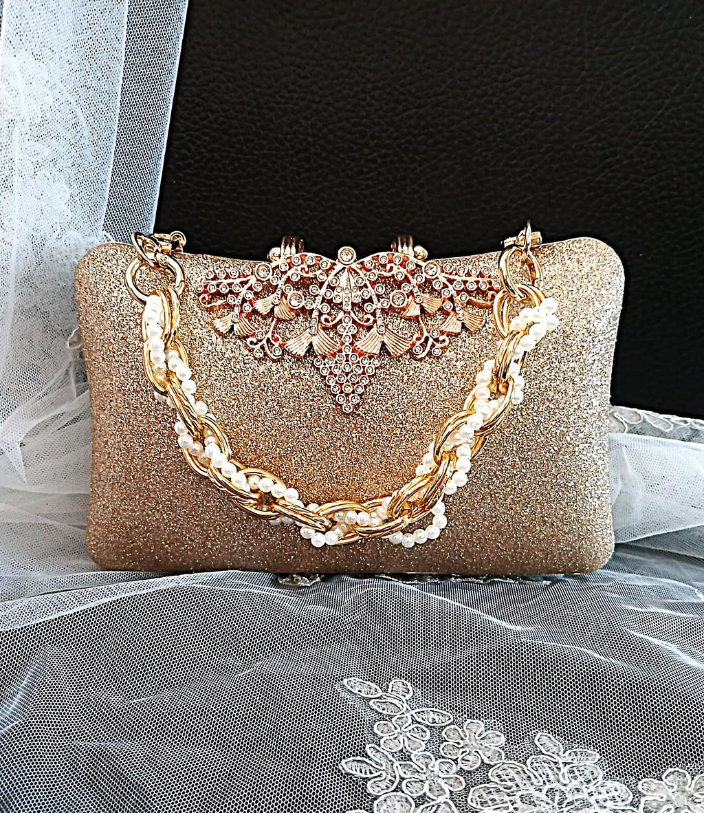 Gold Glitter Evening Clutch: Pearl Handle Wedding Handbag