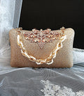 Gold Glitter Evening Clutch: Pearl Handle Wedding Handbag