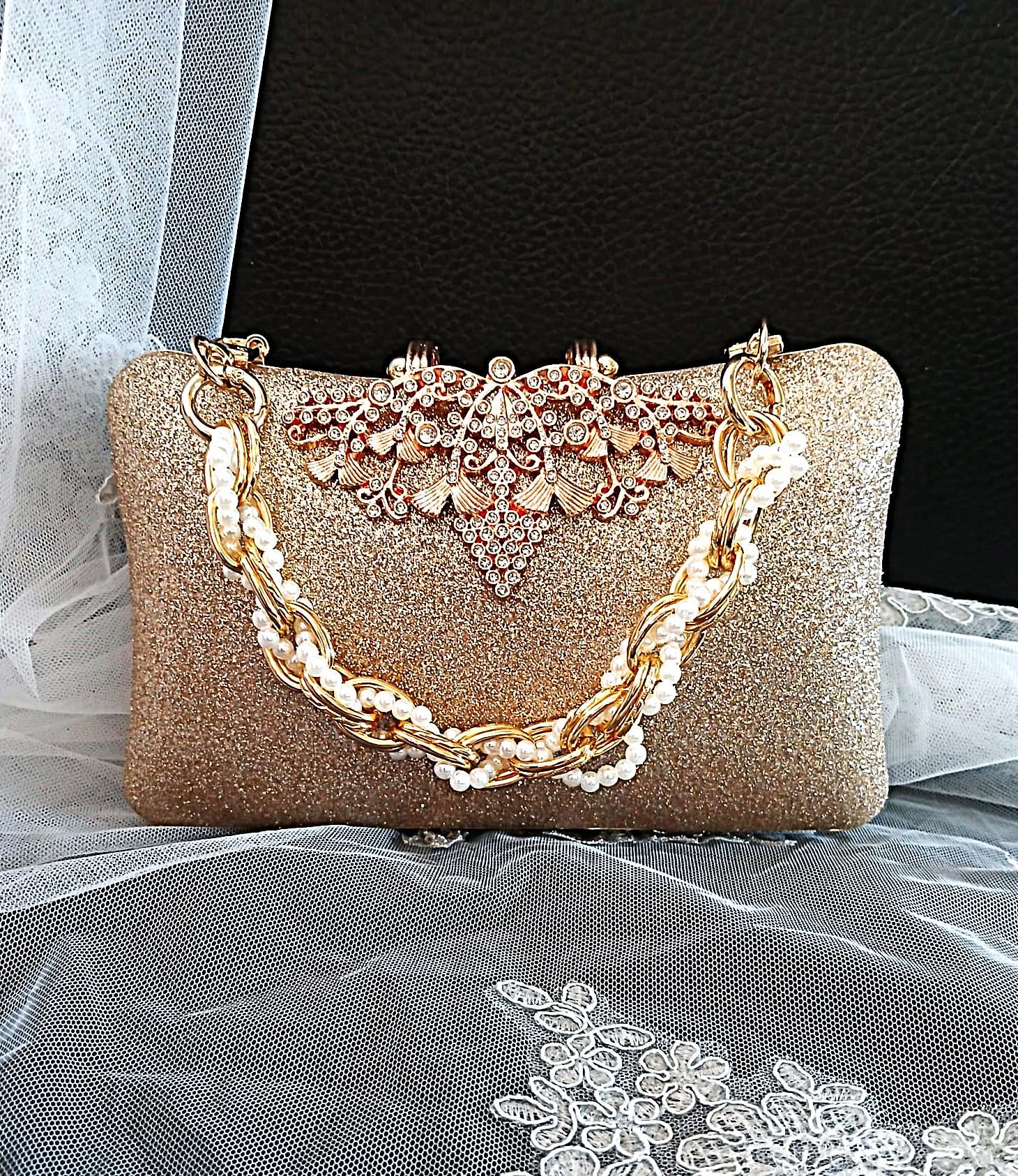 Gold Glitter Evening Clutch: Pearl Handle Wedding Handbag