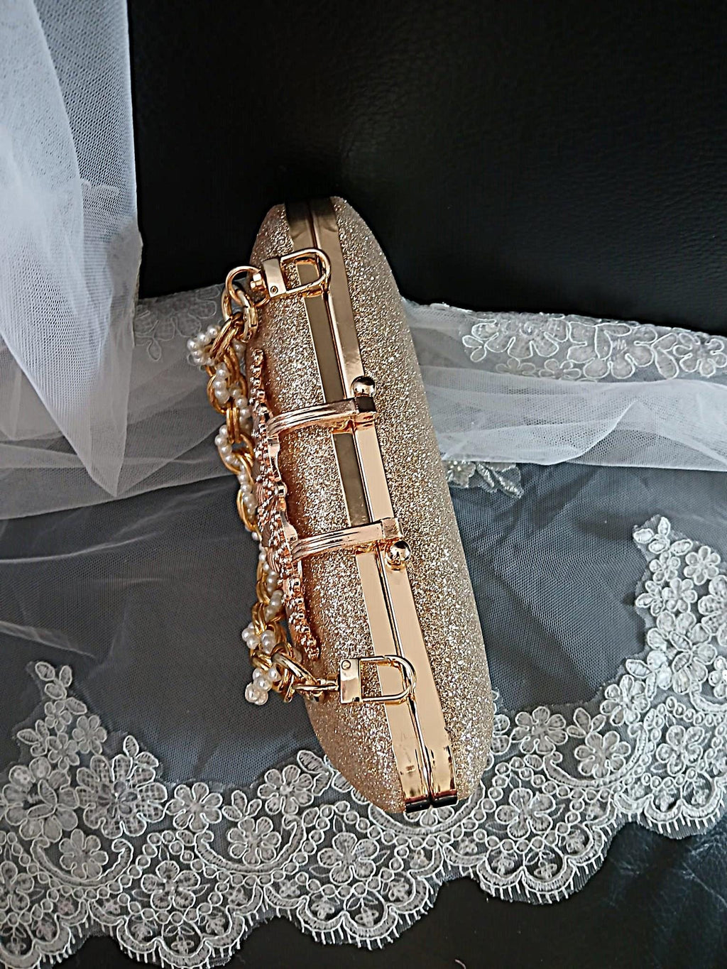 Gold Glitter Evening Clutch: Pearl Handle Wedding Handbag