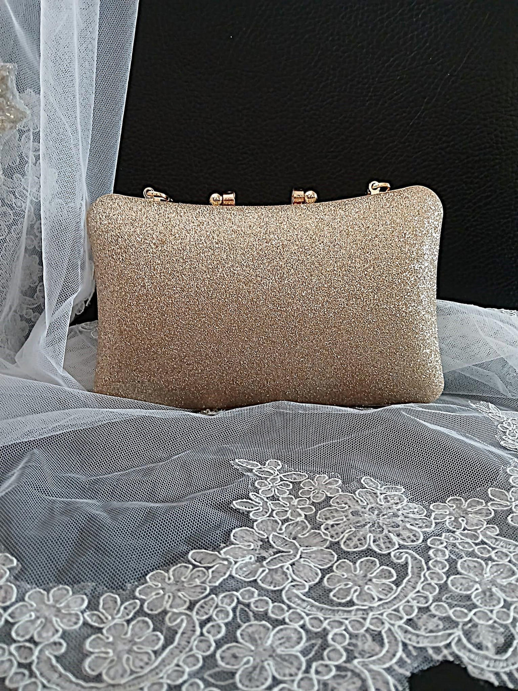 Gold Glitter Evening Clutch: Pearl Handle Wedding Handbag