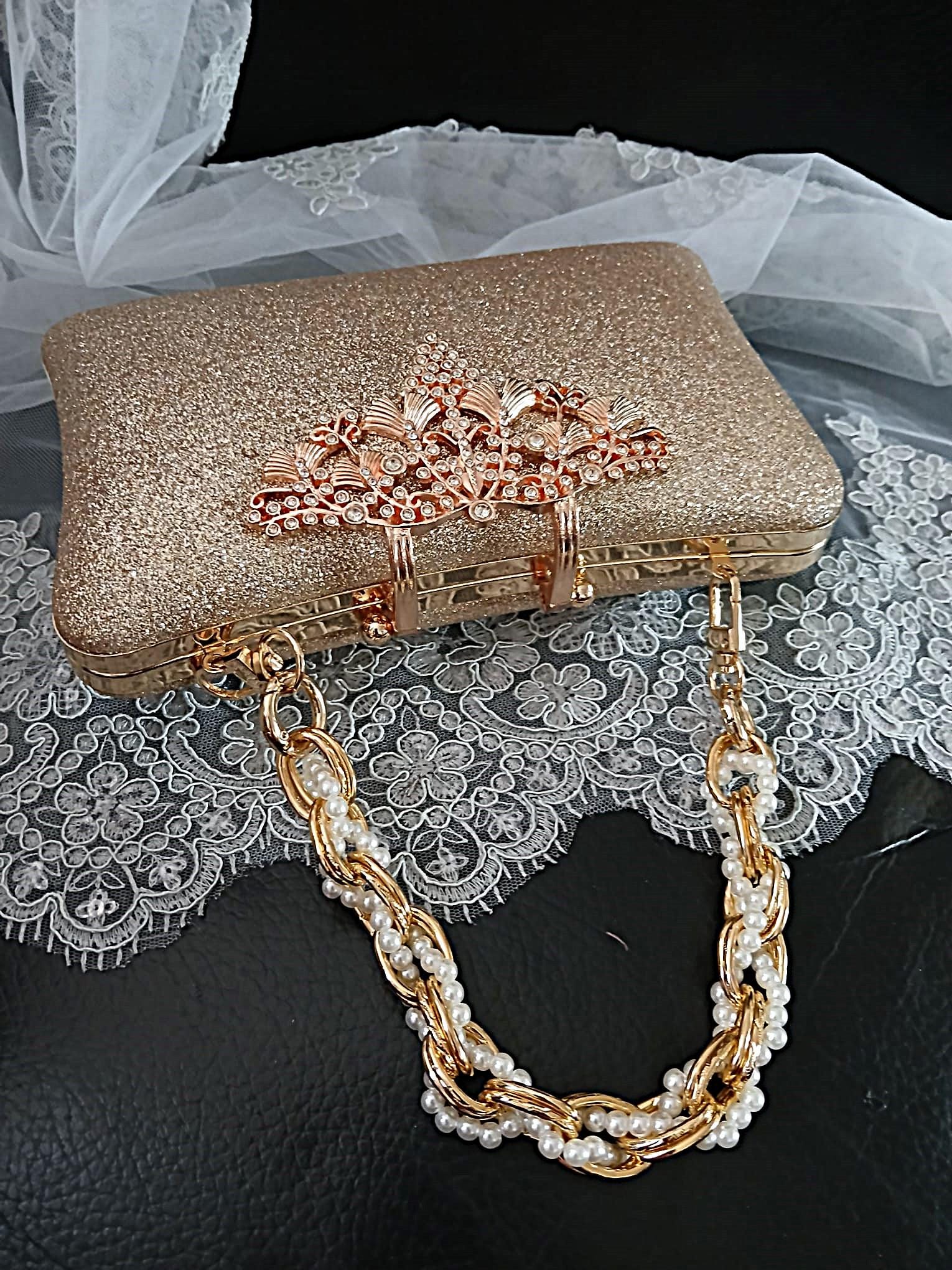 Gold Glitter Evening Clutch: Pearl Handle Wedding Handbag