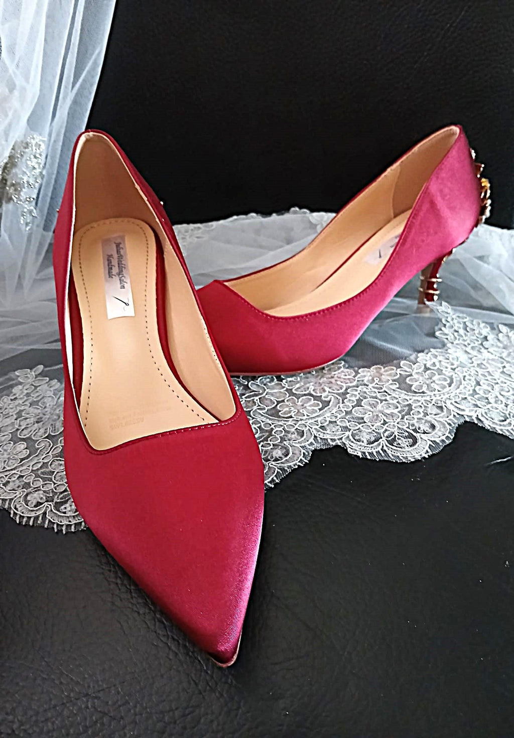 Burgundy Satin Wedding Heels with Cherry Blossom & Gold Clutch Bag