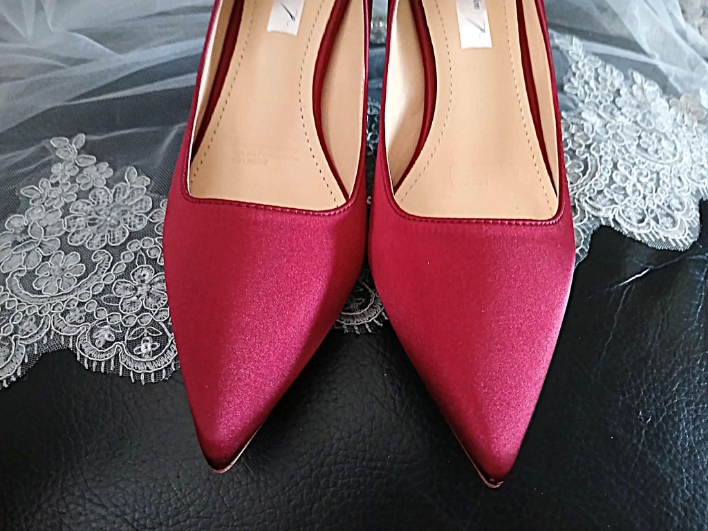 Burgundy Satin Wedding Heels with Cherry Blossom & Gold Clutch Bag