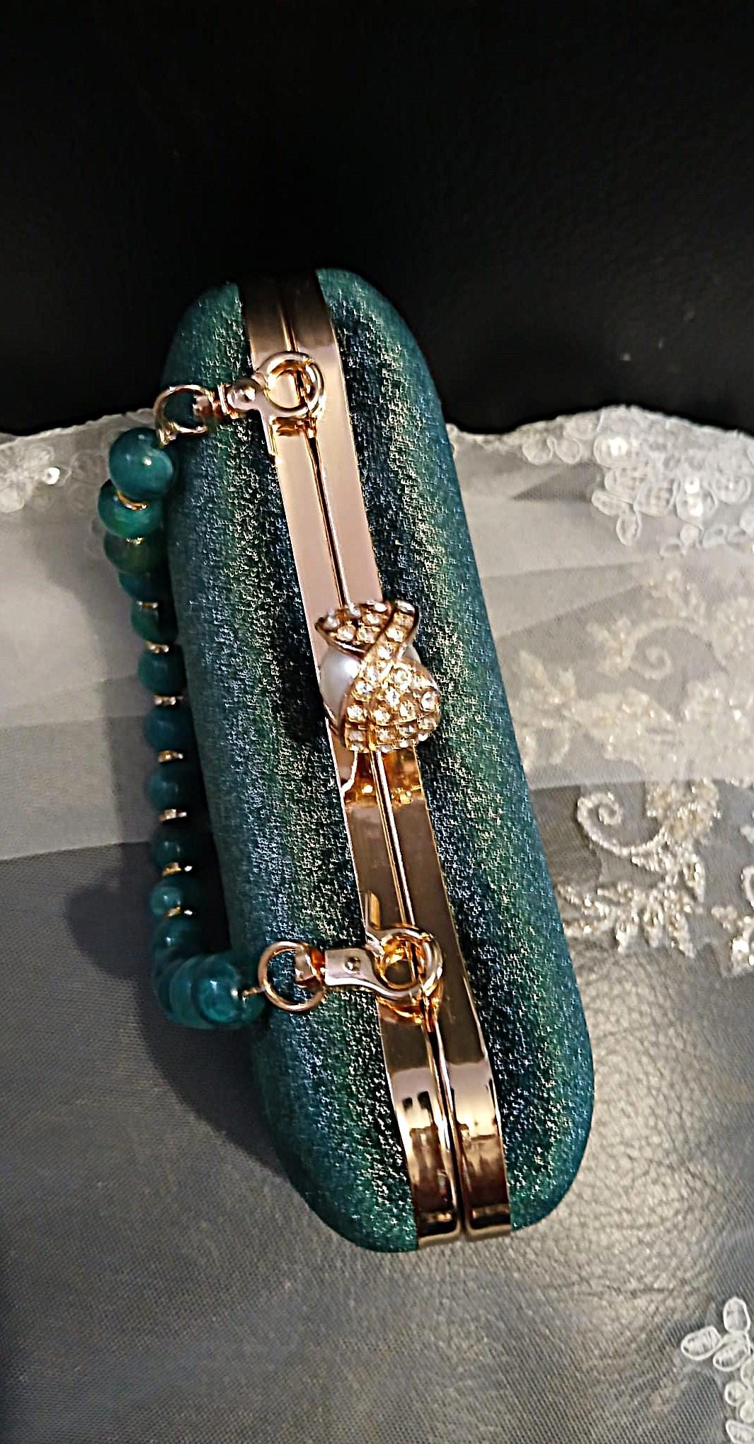 Emerald Green Velvet Clutch Bag: Gold Hardware Evening Handbag