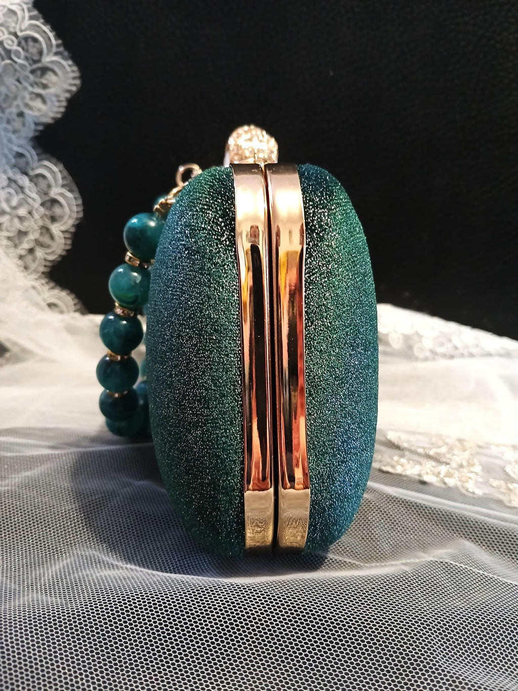Emerald Green Velvet Clutch Bag: Gold Hardware Evening Handbag