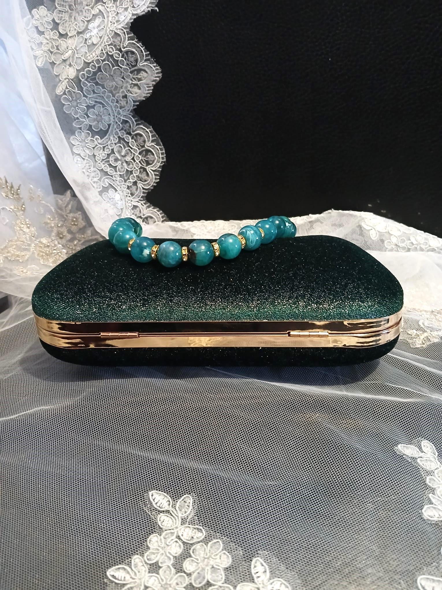 Emerald Green Velvet Clutch Bag: Gold Hardware Evening Handbag