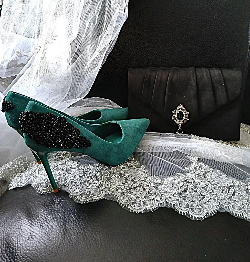 Emerald Green Suede Heels with Black Clutch Bag: Wedding Evening Shoes
