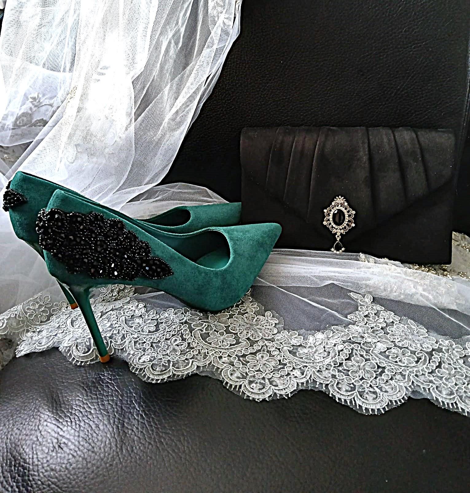 Emerald Green Suede Heels with Black Clutch Bag: Wedding Evening Shoes