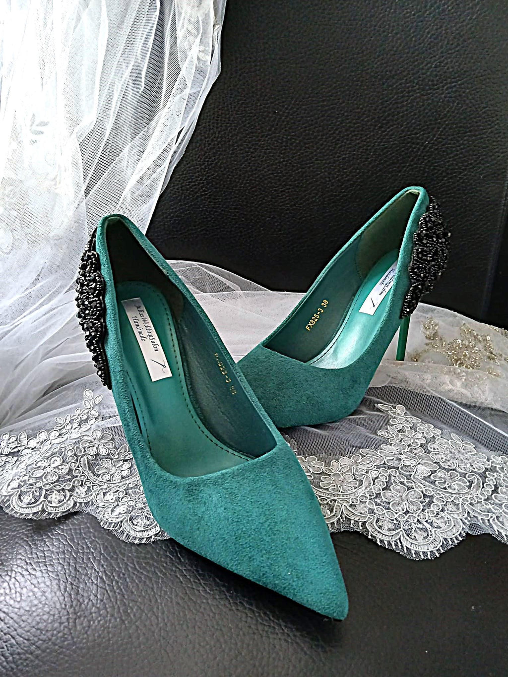Emerald Green Suede Heels with Black Clutch Bag: Wedding Evening Shoes