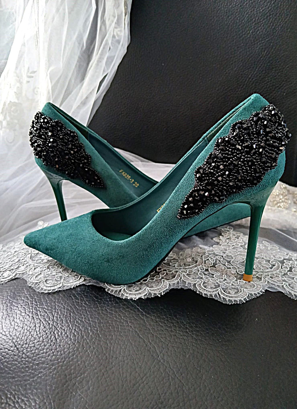 Emerald Green Suede Heels with Black Clutch Bag: Wedding Evening Shoes