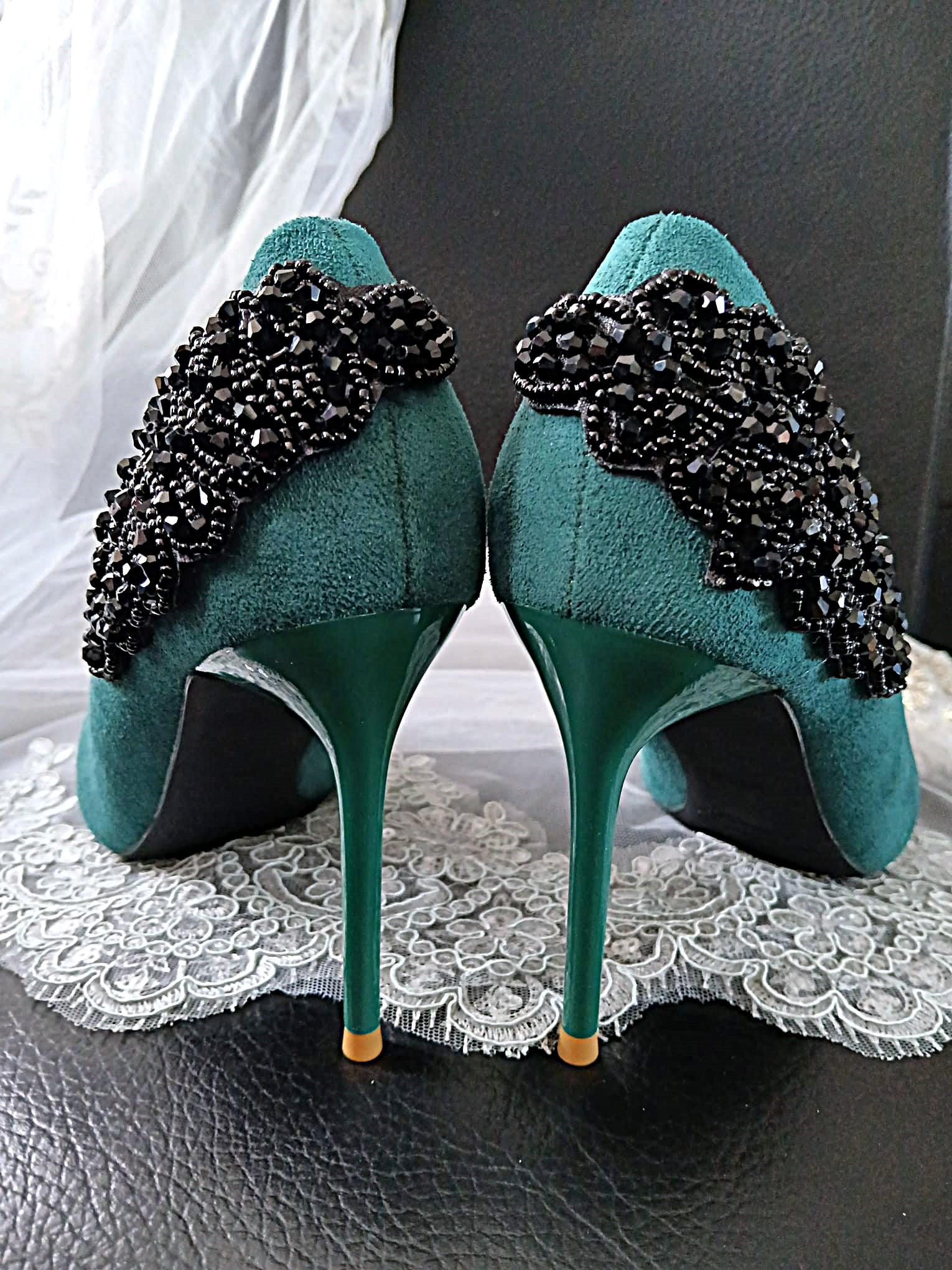 Emerald Green Suede Heels with Black Clutch Bag: Wedding Evening Shoes