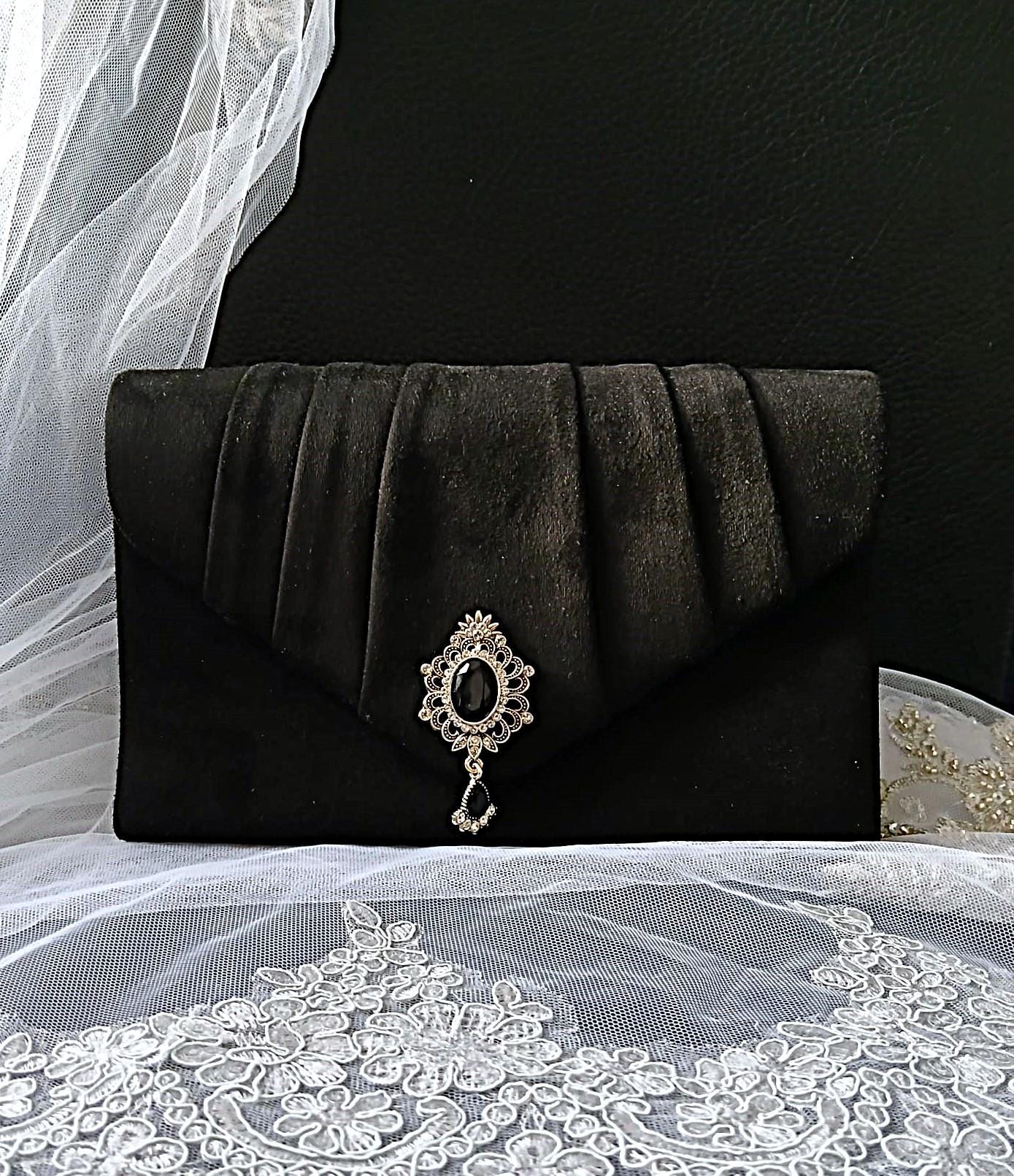 Black Suede Evening Clutch: Gothic Wedding Handbag