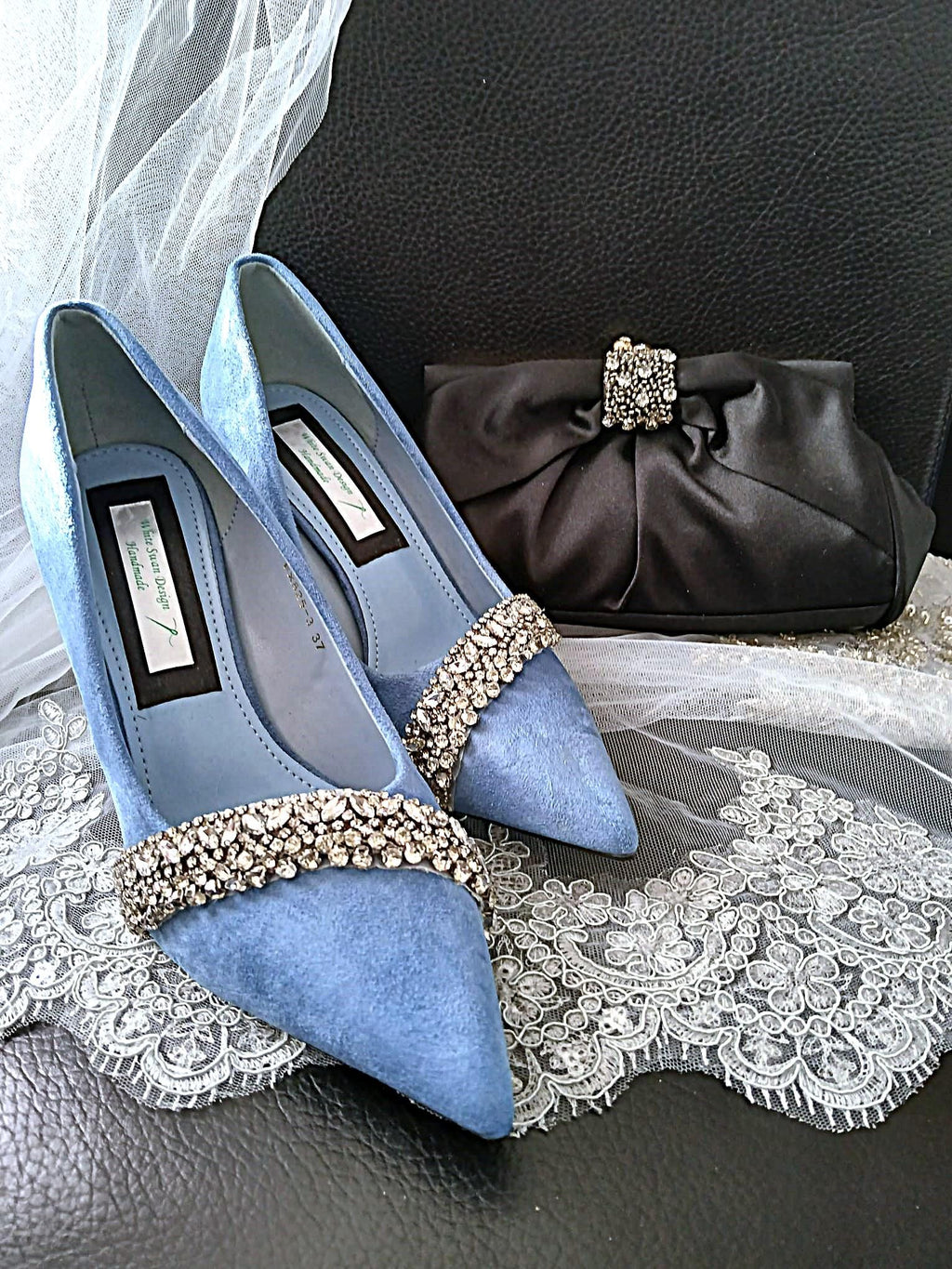 Light Blue Suede Pumps with Black Satin Clutch: Embellished Heel Evening Shoes