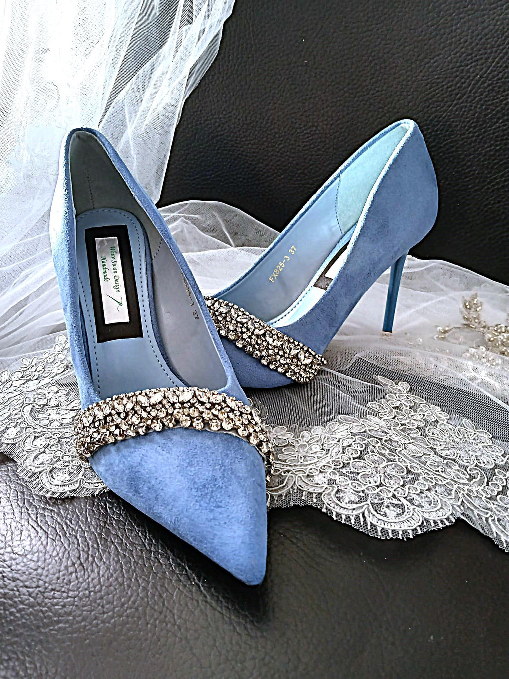 Light Blue Suede Pumps with Black Satin Clutch: Embellished Heel Evening Shoes