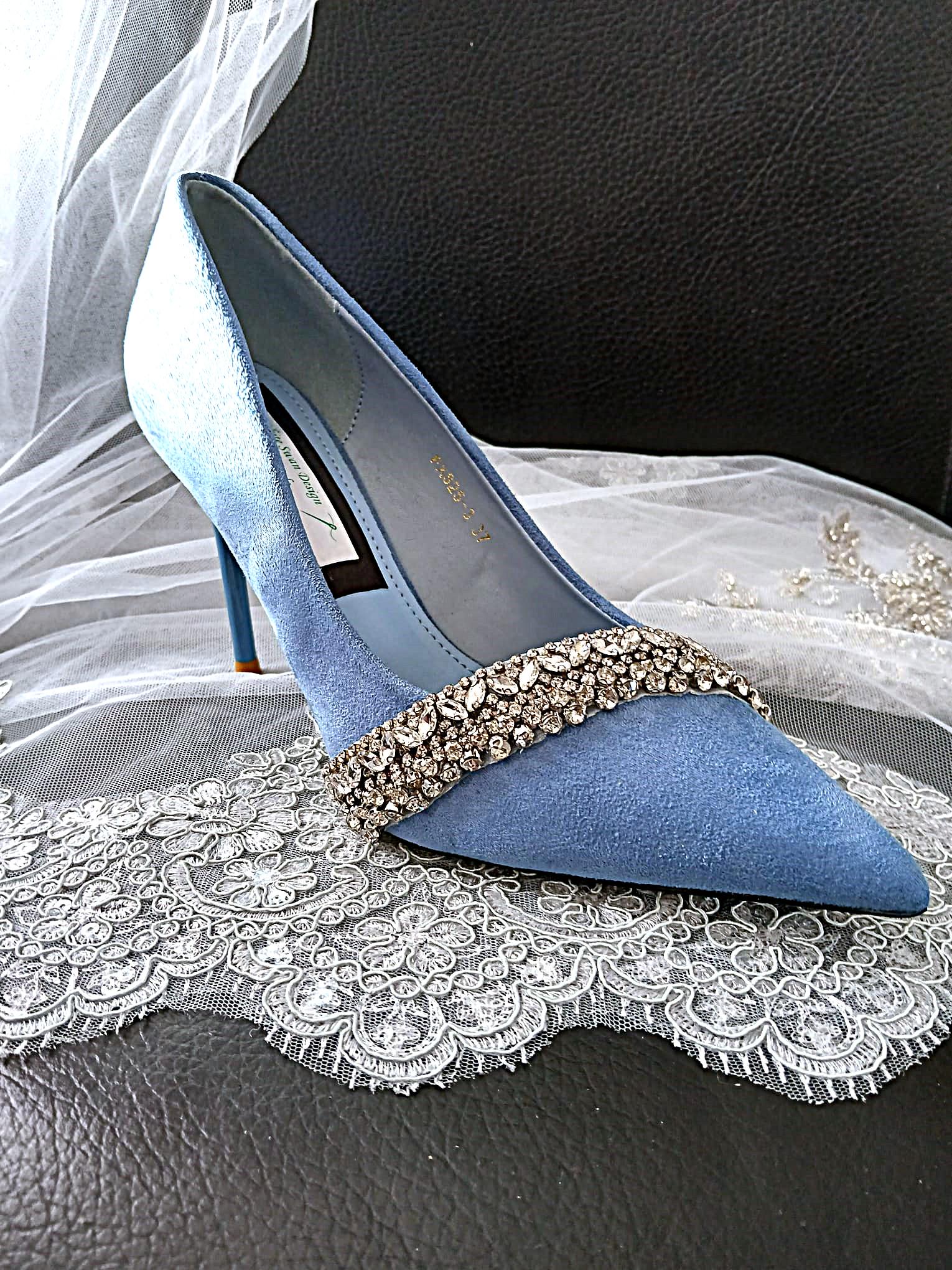 Indigo Blue Suede Evening Shoe & Clutch Set: Embellished Bridesmaid Heels