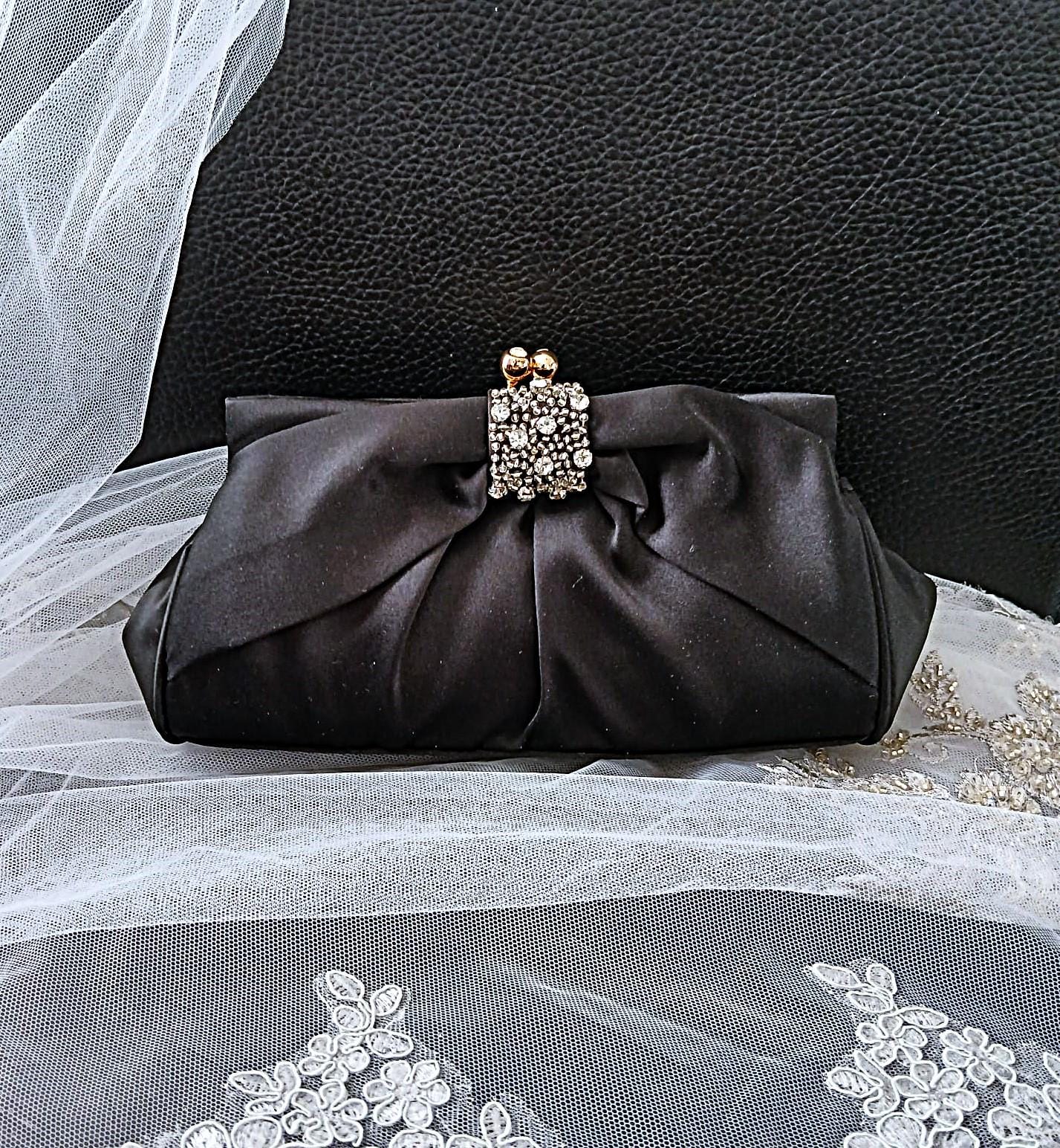 Black Satin Evening Clutch: Crystal Detail, Chain Handle