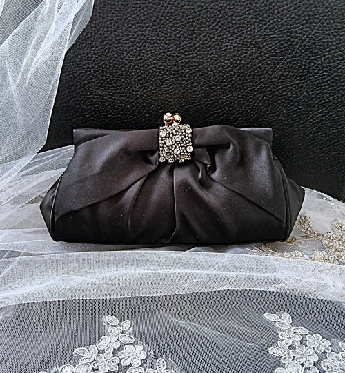Black Satin Evening Clutch: Crystal Detail, Chain Handle