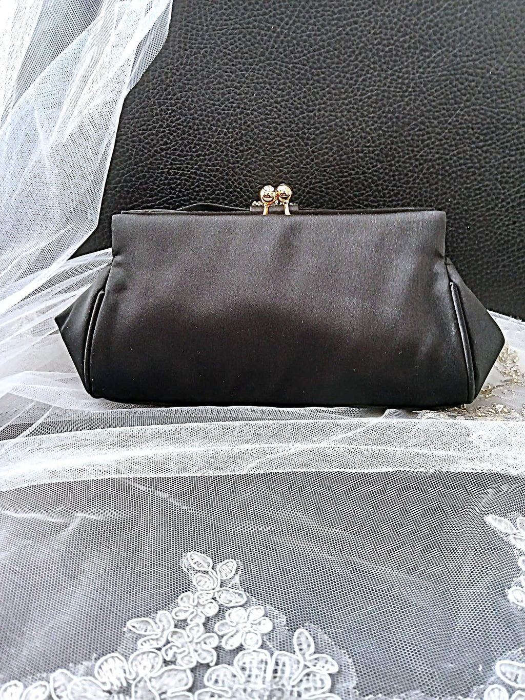 Black Satin Evening Clutch: Crystal Detail, Chain Handle