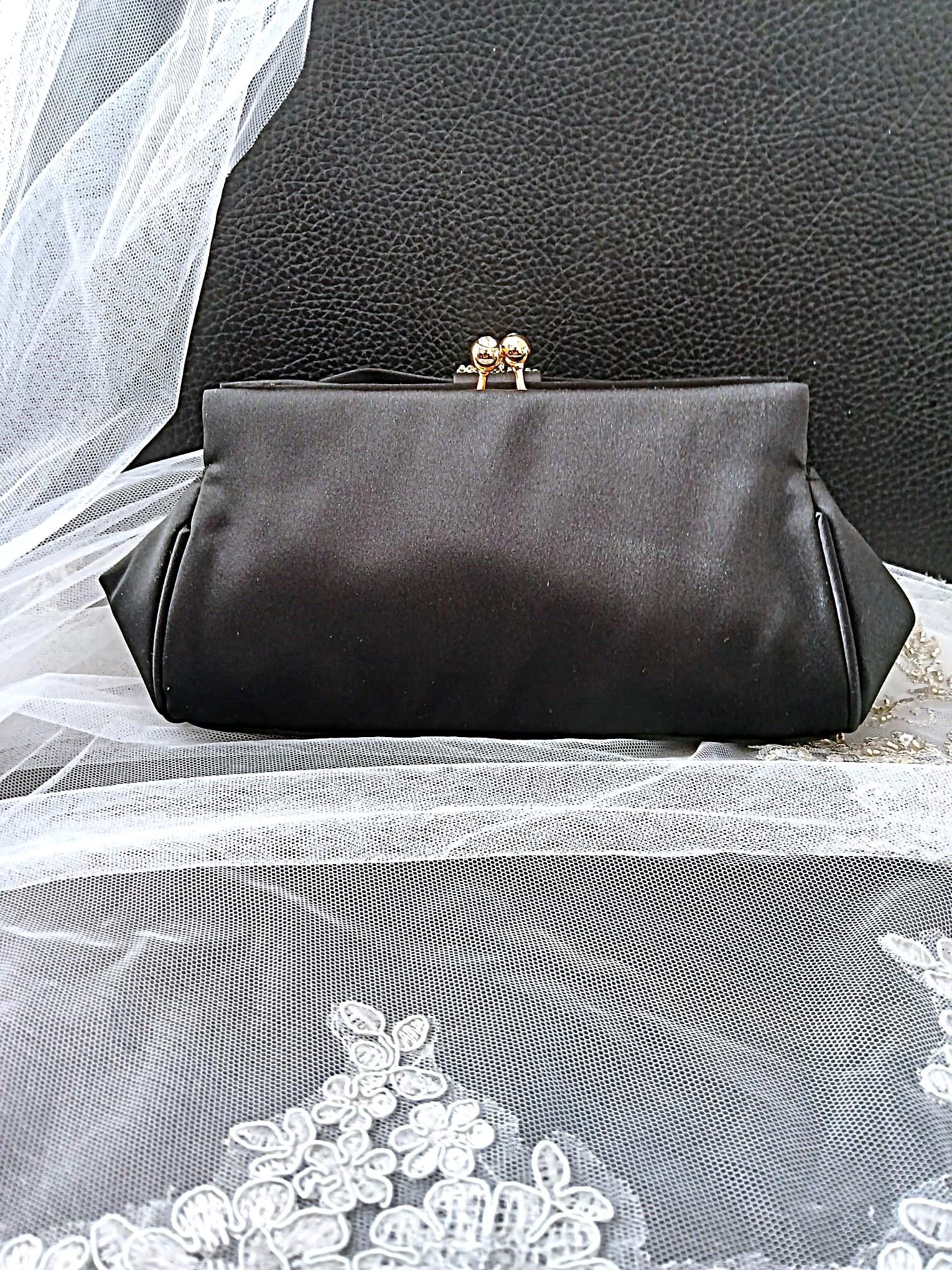 Black Satin Evening Clutch: Crystal Detail, Chain Handle