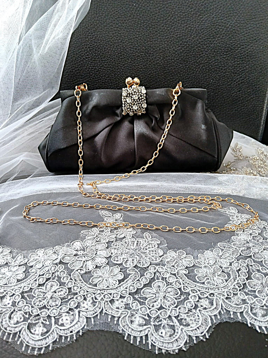 Black Satin Evening Clutch: Crystal Detail, Chain Handle