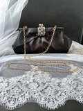 Black Satin Evening Clutch: Crystal Detail, Chain Handle