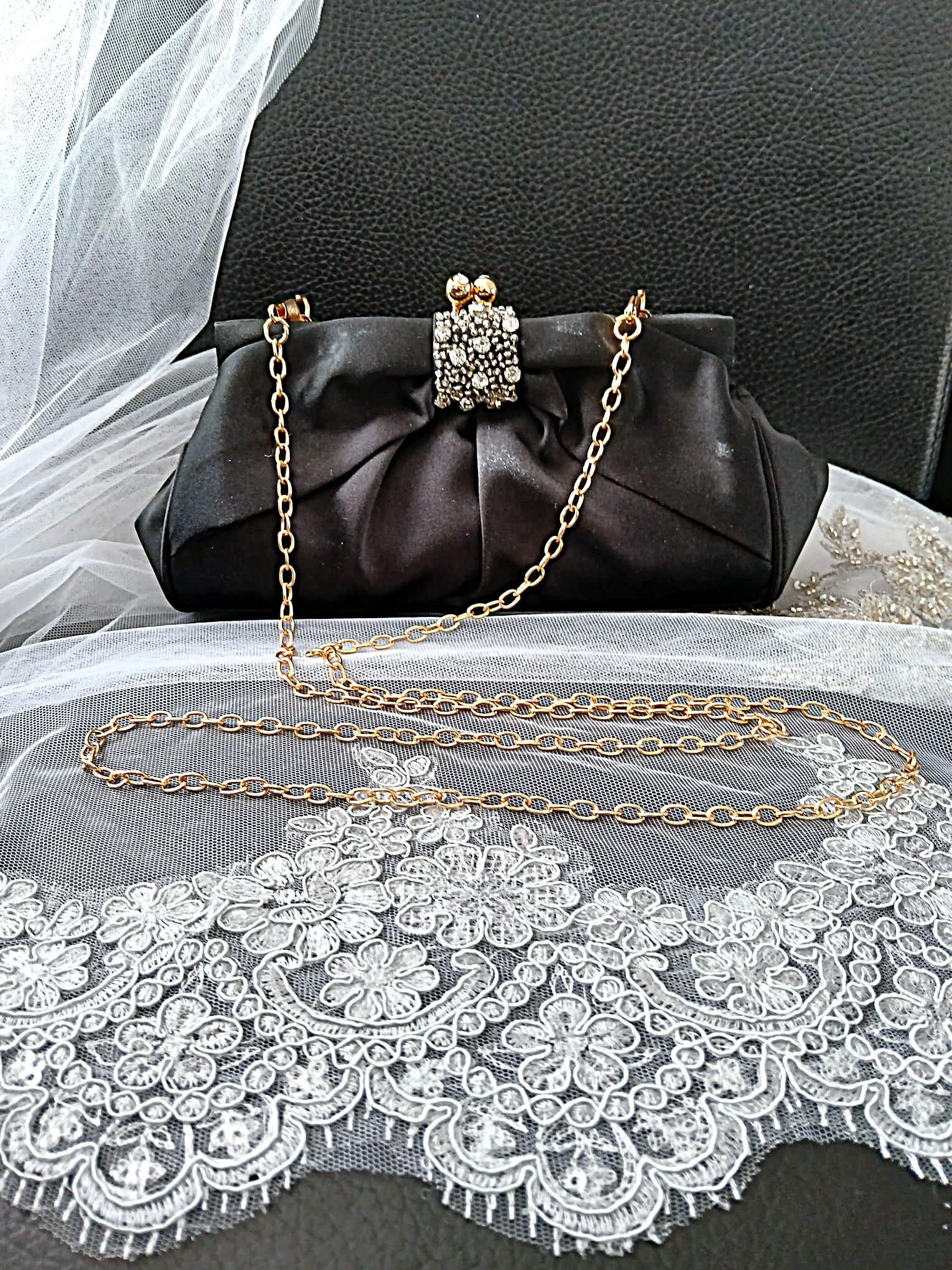 Black Satin Evening Clutch: Crystal Detail, Chain Handle