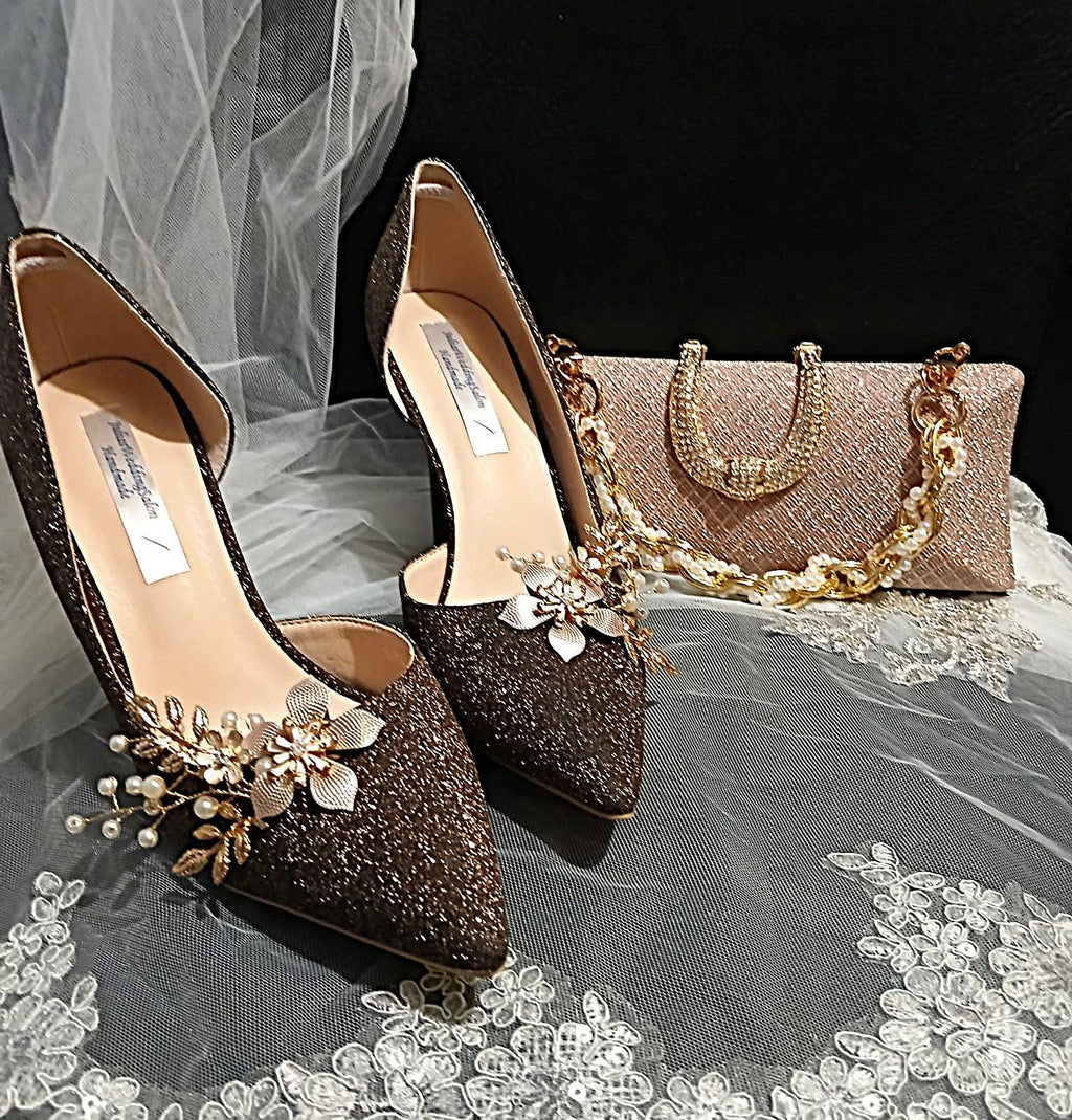 Dark Brown Bridal Heels: Rose Gold Glitter Champagne Pumps