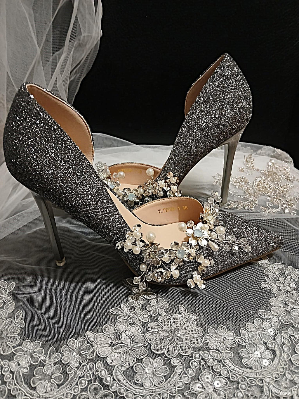 Silver Glitter Bridal Shoes & Satin Clutch Bag: Formal Event Pumps
