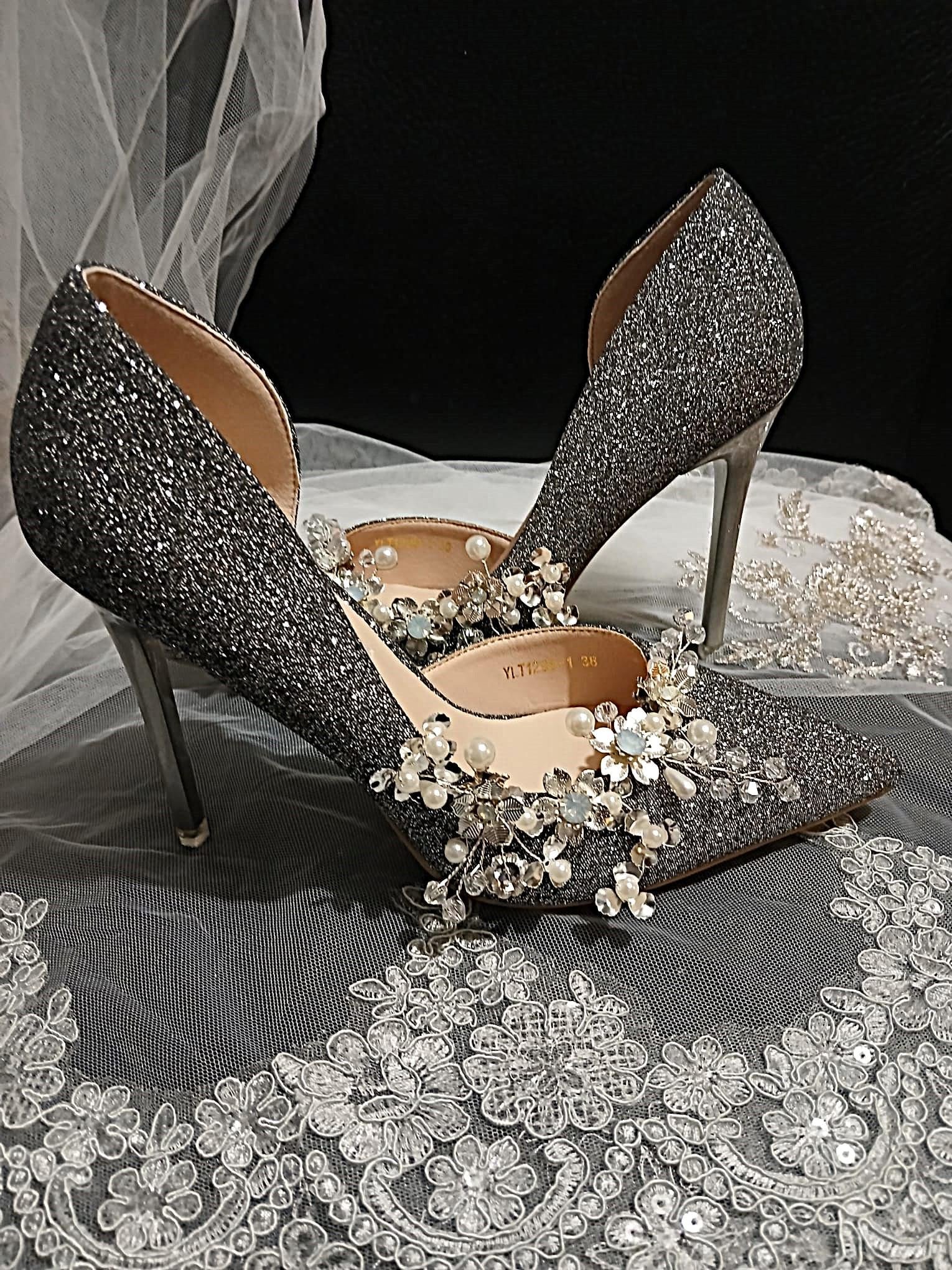 Silver Glitter Bridal Shoes & Satin Clutch Bag: Formal Event Pumps