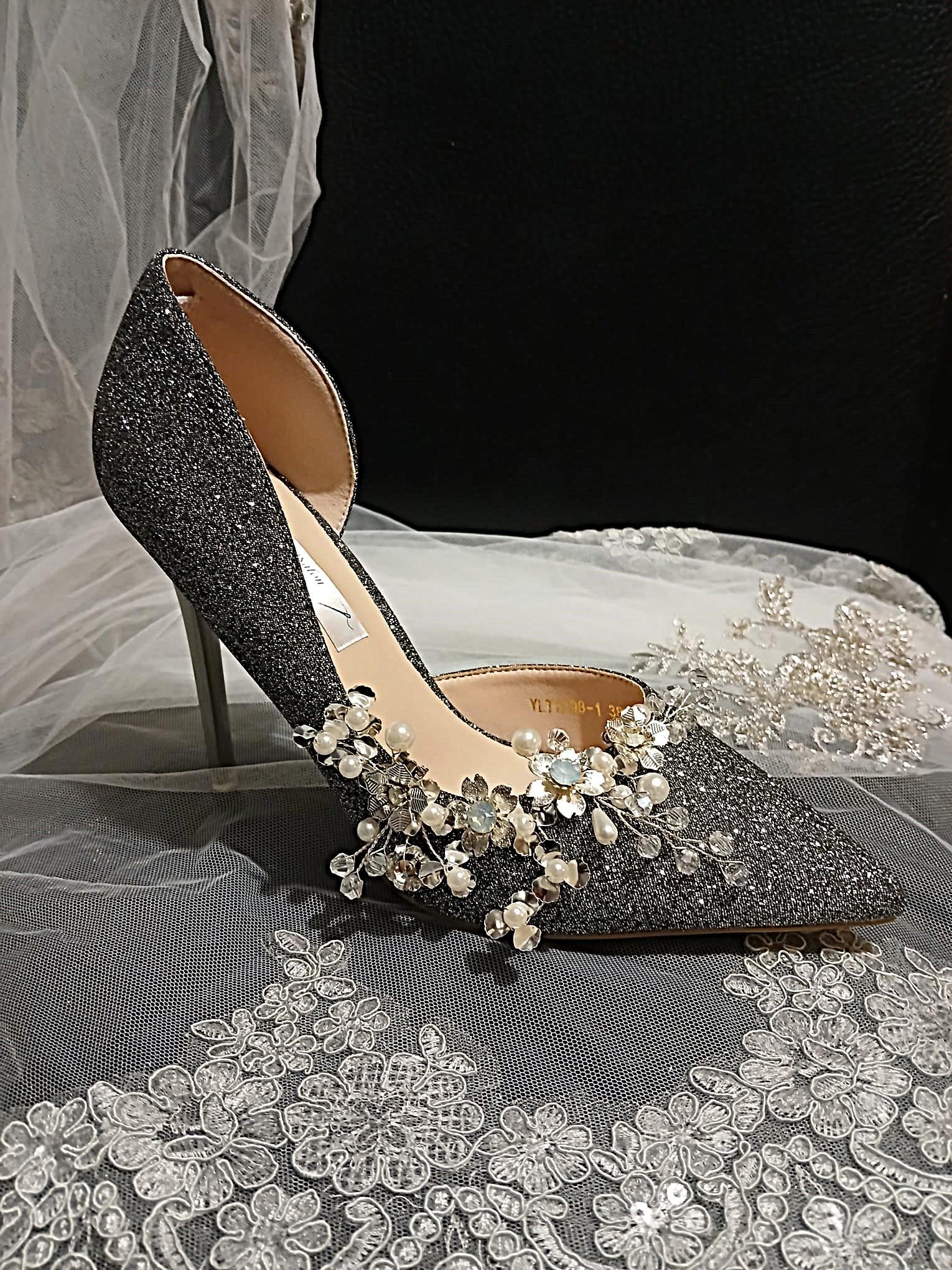 Silver Glitter Bridal Shoes & Satin Clutch Bag: Formal Event Pumps