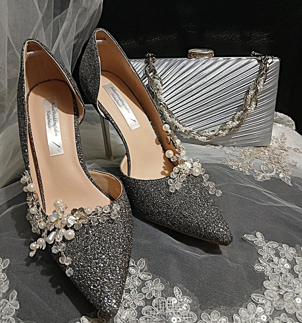 Silver Glitter Bridal Shoes & Satin Clutch Bag: Formal Event Pumps
