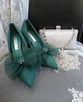 Emerald Green Suede Wedding Heels with Silver Clutch Bag