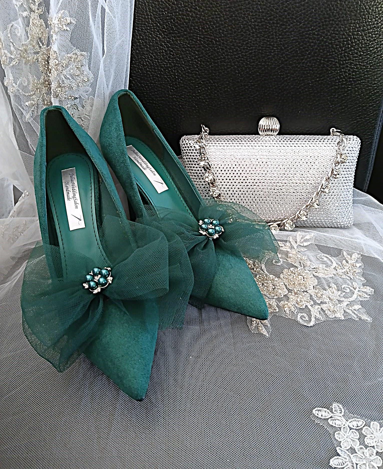 Emerald Green Suede Wedding Heels with Silver Clutch Bag
