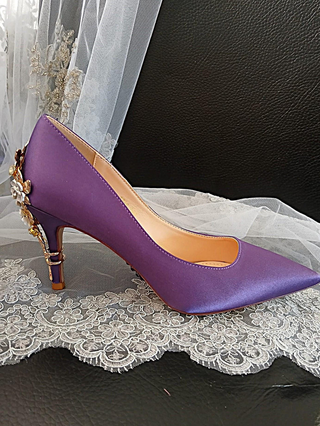 Lilac Satin Wedding Heel & Gold Clutch Bag Set: Cherry Blossom Evening Shoes