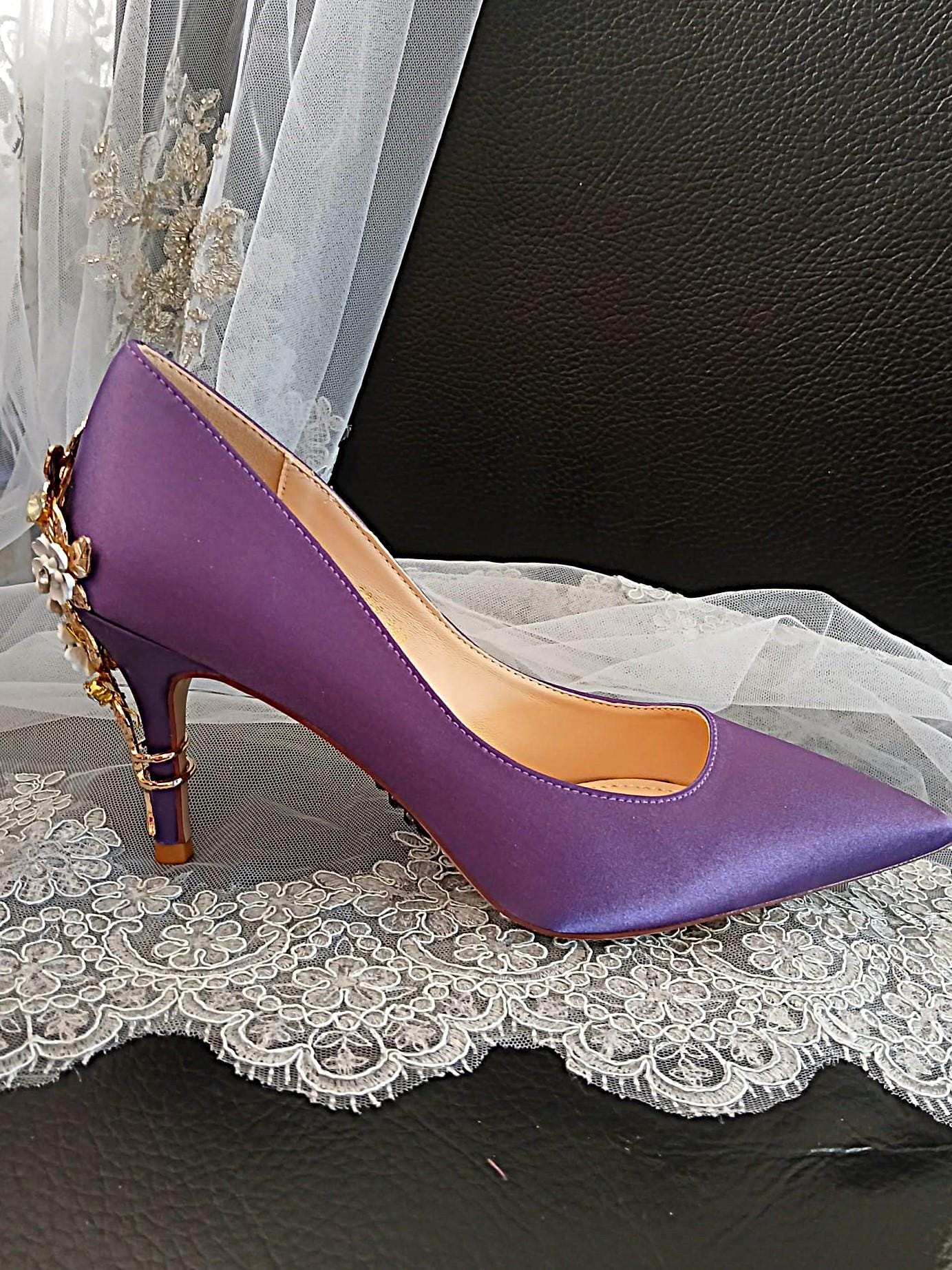 Lilac Satin Wedding Heel & Gold Clutch Bag Set: Cherry Blossom Evening Shoes