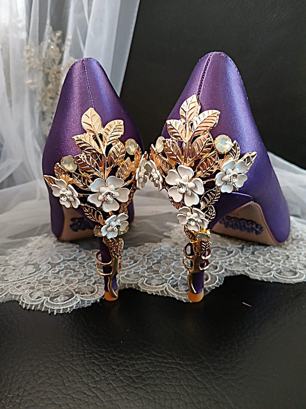 Lilac Satin Wedding Heel & Gold Clutch Bag Set: Cherry Blossom Evening Shoes