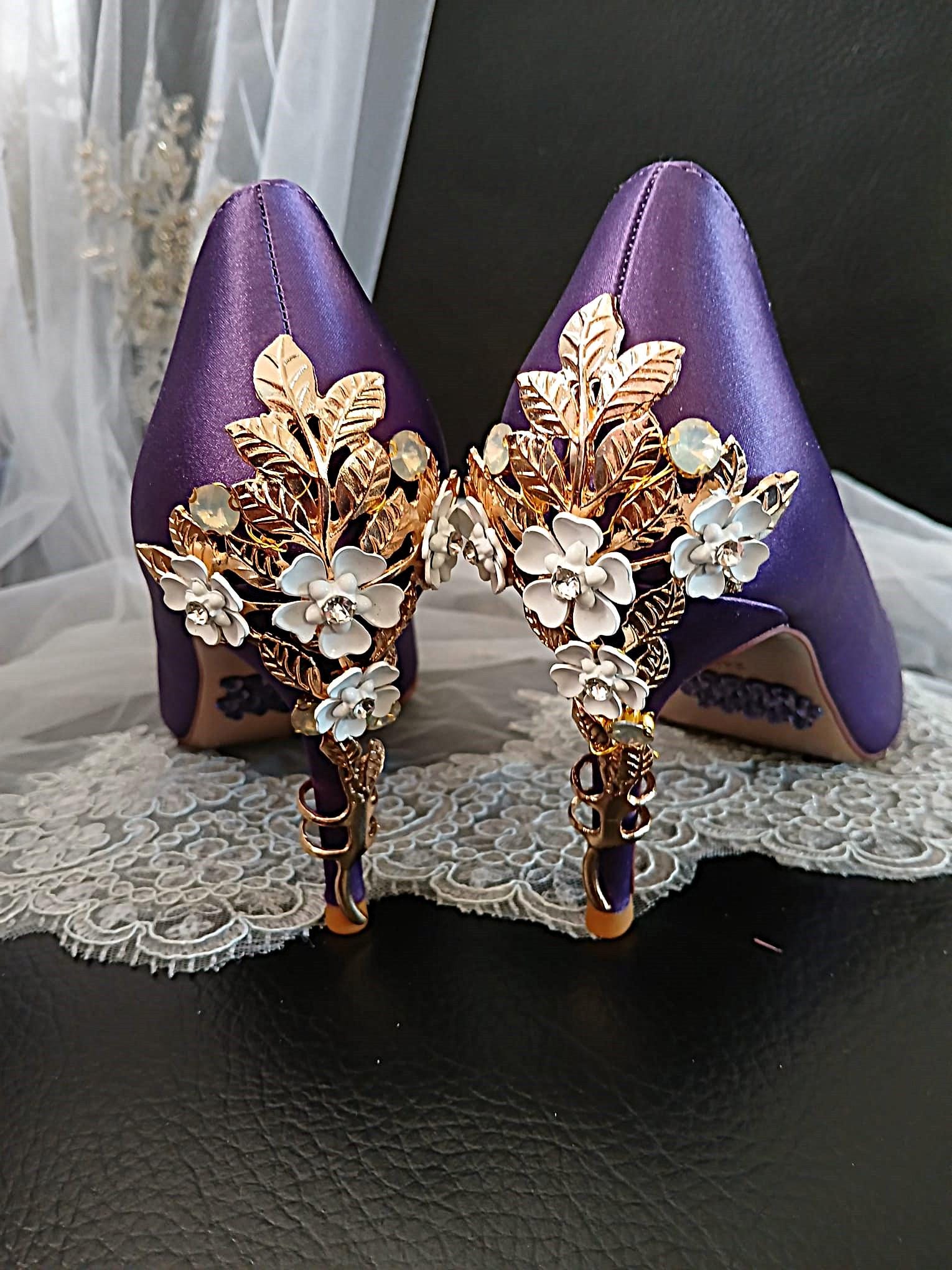 Lilac Satin Wedding Heel & Gold Clutch Bag Set: Cherry Blossom Evening Shoes