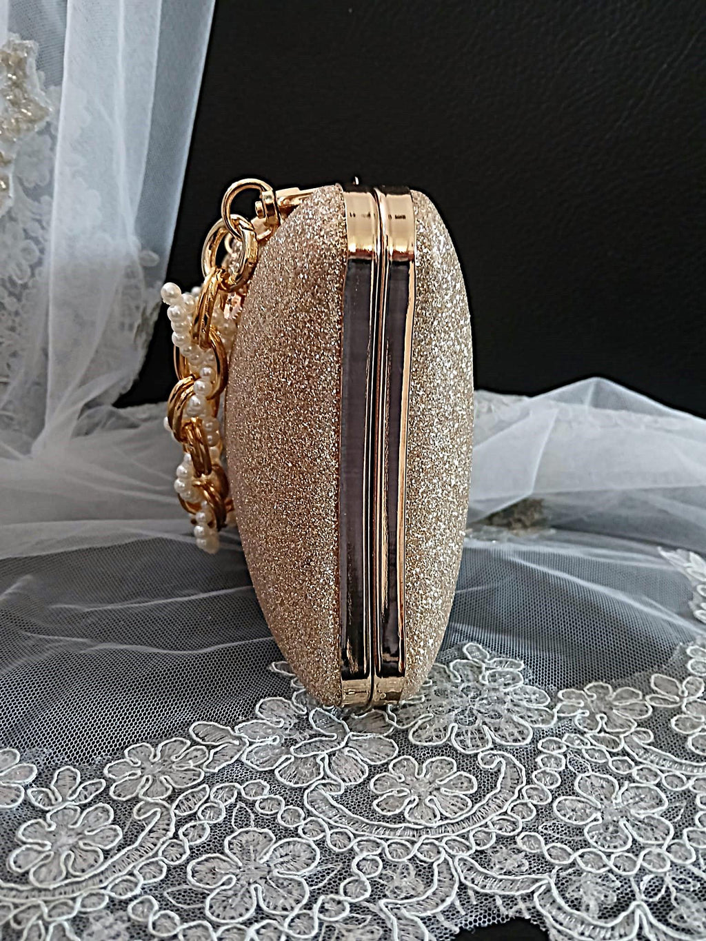 Gold Glitter Evening Clutch: Pearl Handle Wedding Handbag