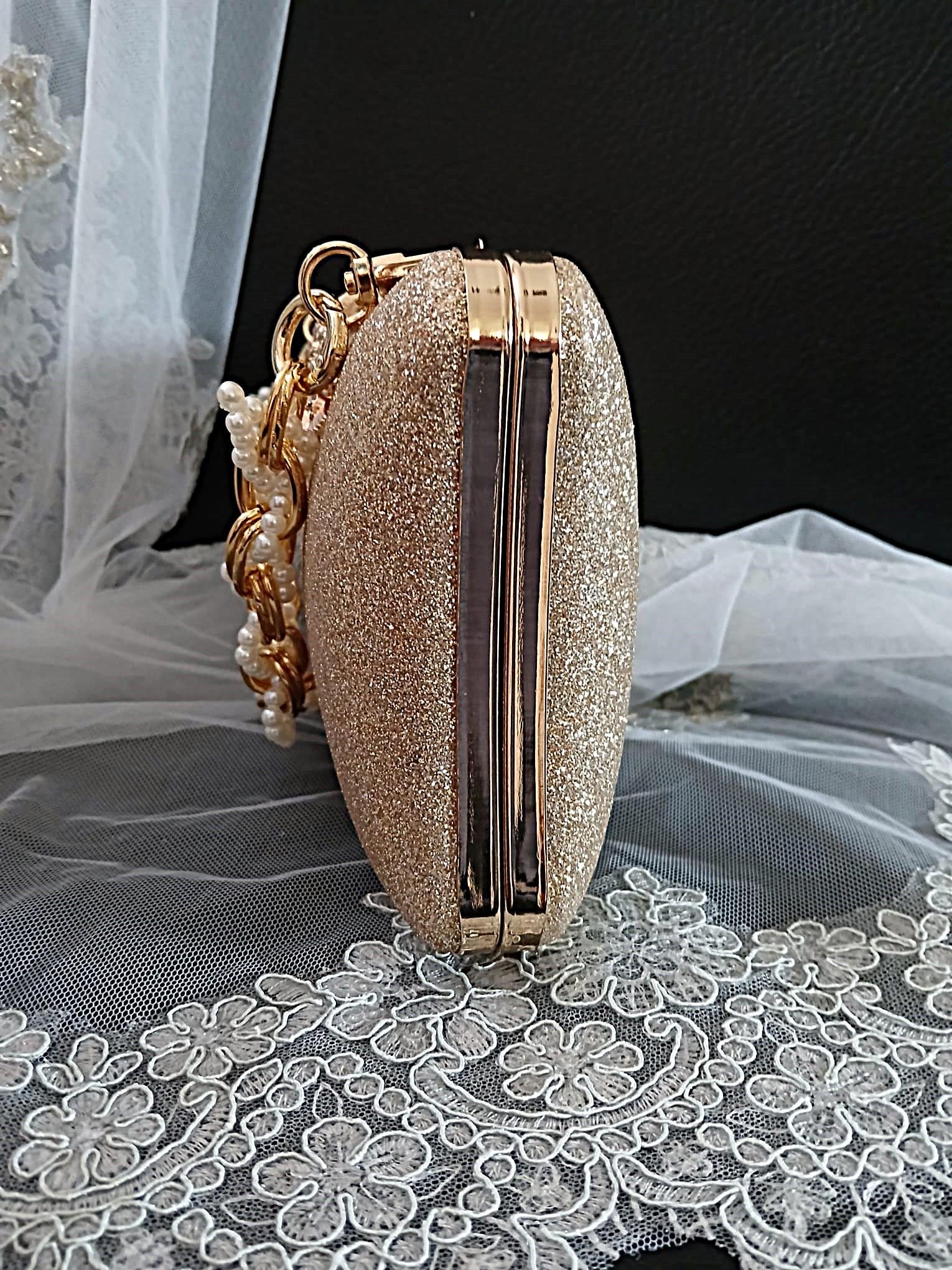 Gold Glitter Evening Clutch: Pearl Handle Wedding Handbag