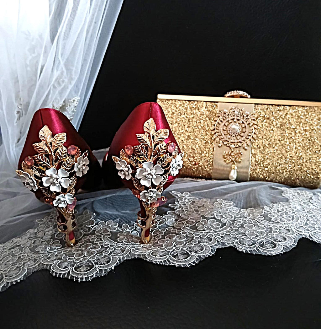Burgundy Satin Wedding Heels with Cherry Blossom & Gold Clutch Bag