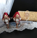Burgundy Satin Wedding Heels with Cherry Blossom & Gold Clutch Bag
