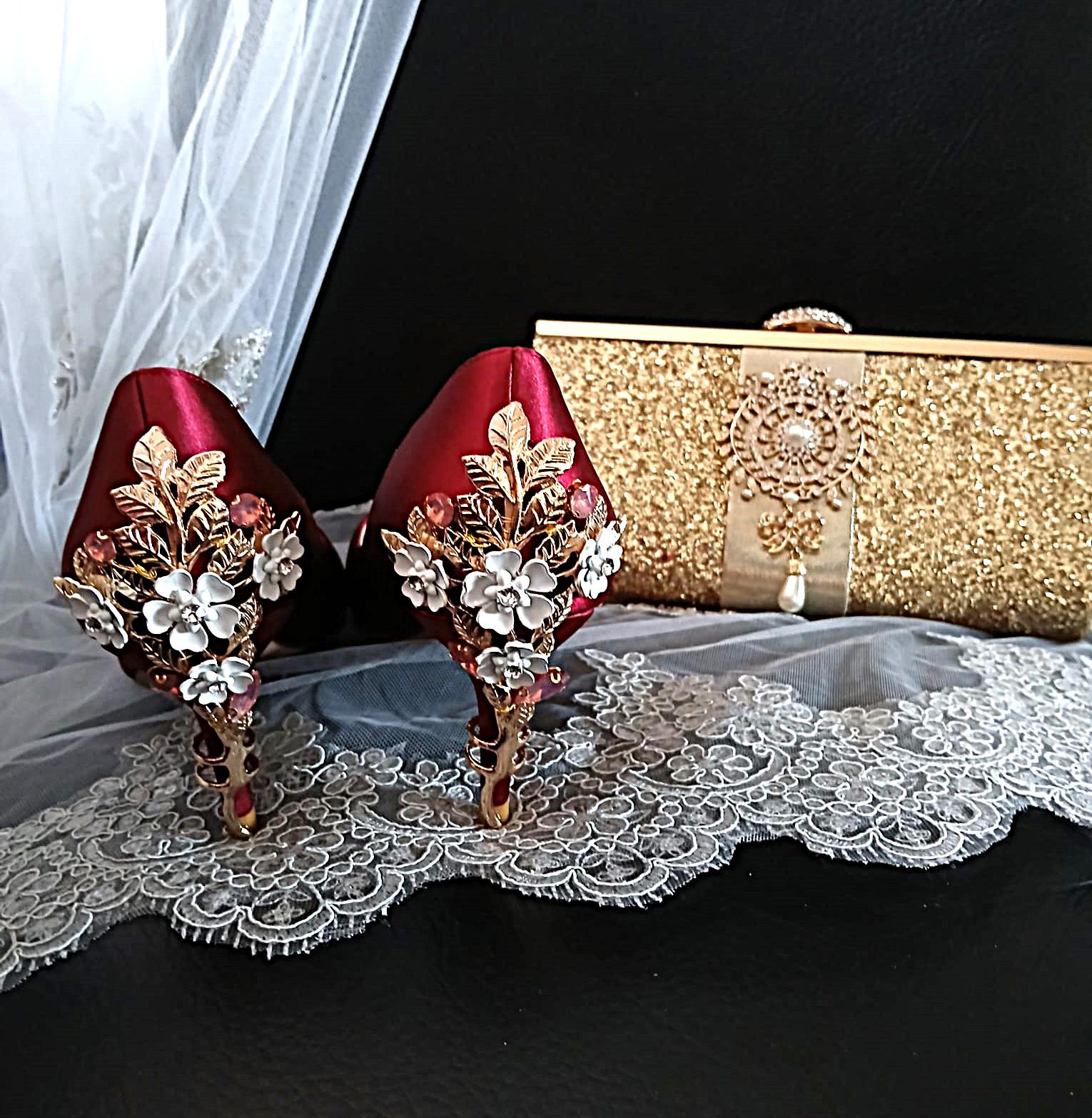 Burgundy Satin Wedding Heels with Cherry Blossom & Gold Clutch Bag